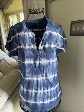 Chaps Navy and White Tie-Dye Short Sleeve Henley Top